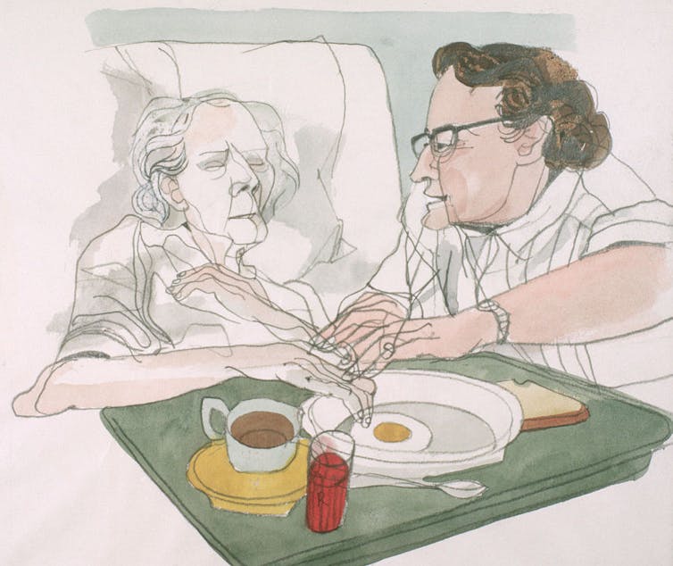 Dibujo de una mujer hablando con una anciana en la cama.