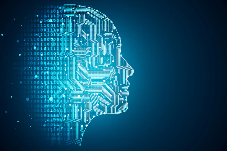 Human head outline with circuit board inside