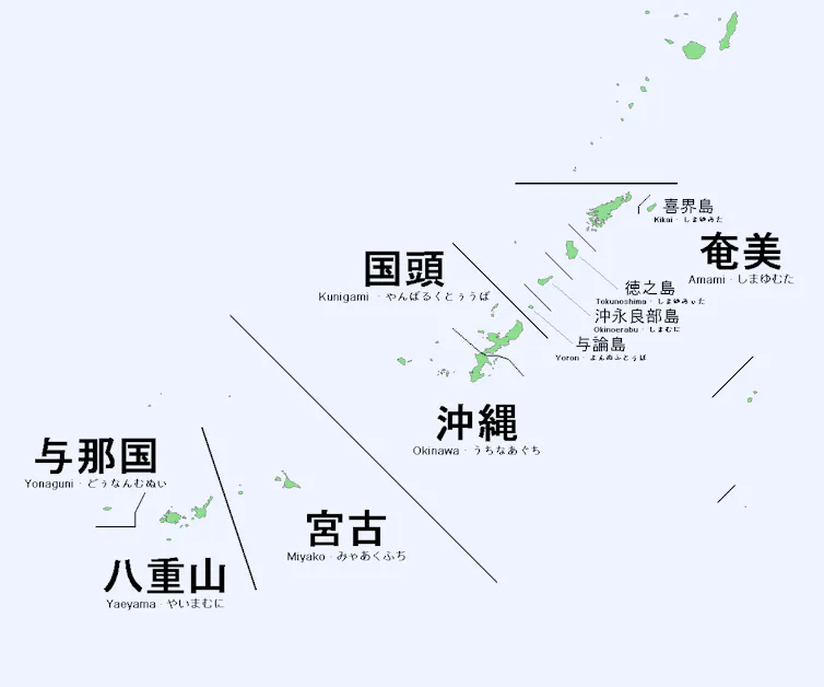 A map showing the Ryūkyū Islands and the languages spoken there.
