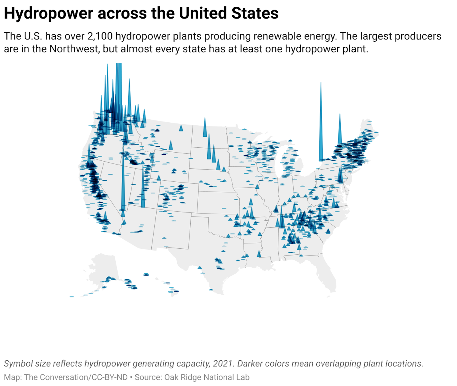 A map of the United States that shows the location of hydropower plants.