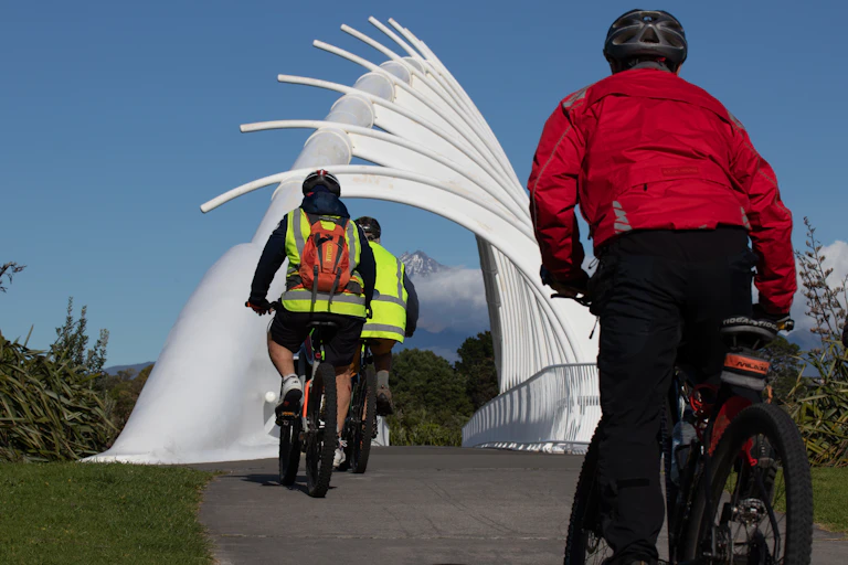 Cyclists approaching a bridge bike lane