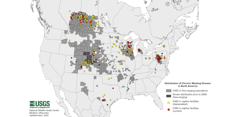 Map showing where CWD has been detected in North America
