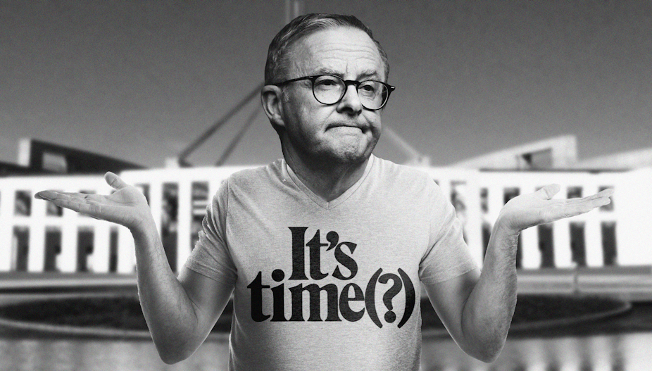 Edited image of a shrugging Anthony Albanese in a shirt mirroring Gough Whitlam's iconic 1972 It's Time t-shirt, but with a question-mark at the end.