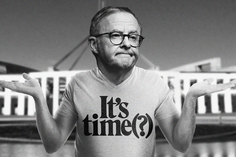 Edited image of a shrugging Anthony Albanese in a shirt mirroring Gough Whitlam's iconic 1972 It's Time t-shirt, but with a question-mark at the end.