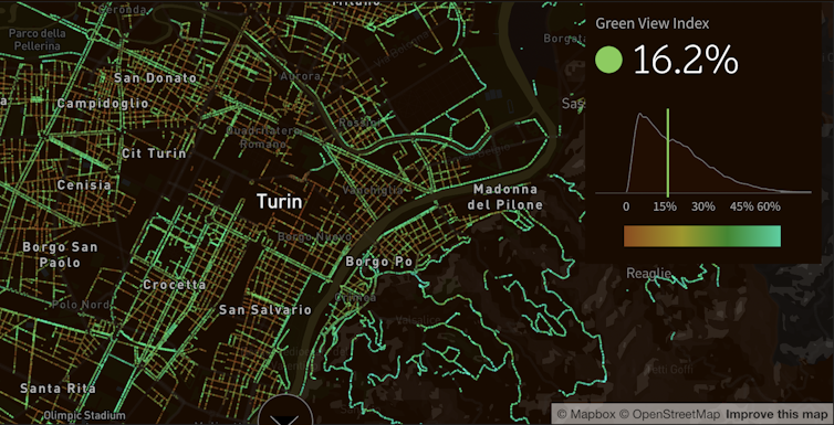 Map of Turin showing street tree dots