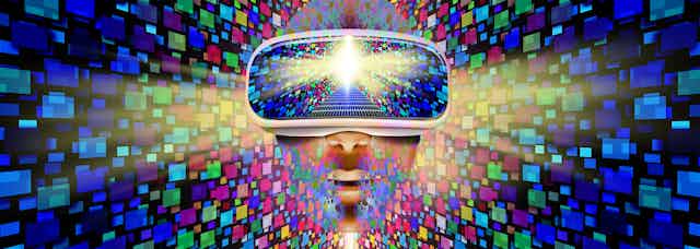 illustration of a face wearing a vr headset with many, many multicoloured screens floating around it