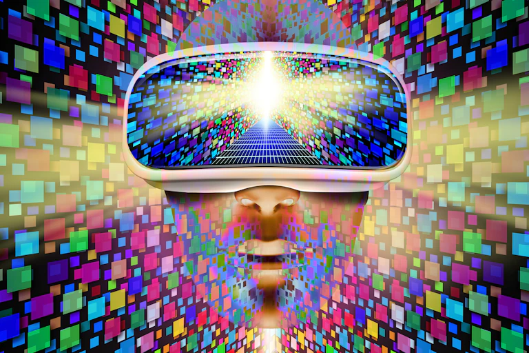 illustration of a face wearing a vr headset with many, many multicoloured screens floating around it