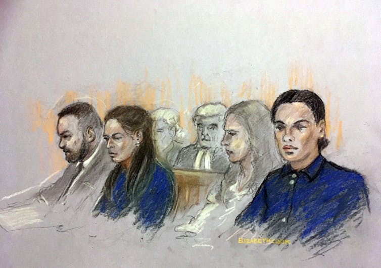 Court sketch of Coleen Rooney and Rebekah Vardy sitting near each other in the front row of the courtroom