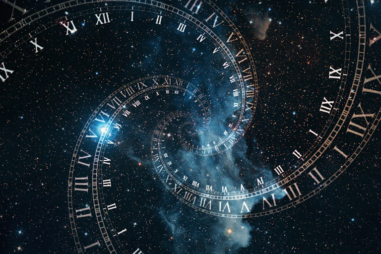 Ilustración que muestra tiras de números romanos de esferas de reloj que se desenrollan en espiral sobre un fondo de estrellas.