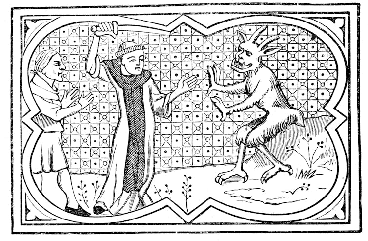 A black and white illustration showing three figures -- a devil with horns, a magician and a man holding a sword.