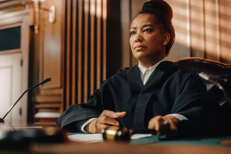 A female judge, dressed in black robe, is about to render a decision in the courtroom.