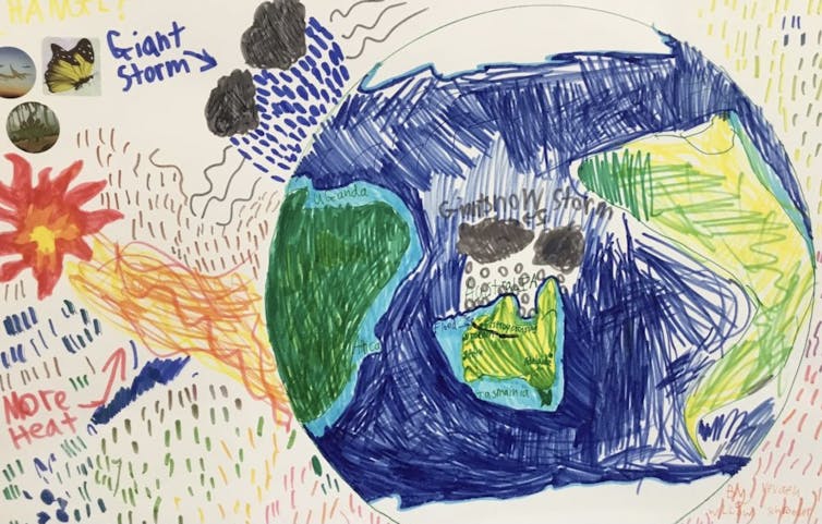 A drawing of the Earth, with heat and storms