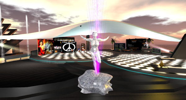 a virtual world showing a medley of elements: a statue, warped checker floors, and signs