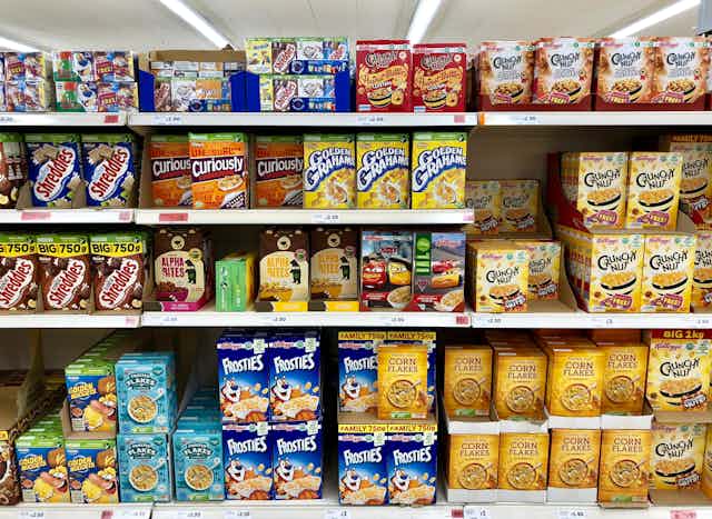 Supermarket cereal shelves.