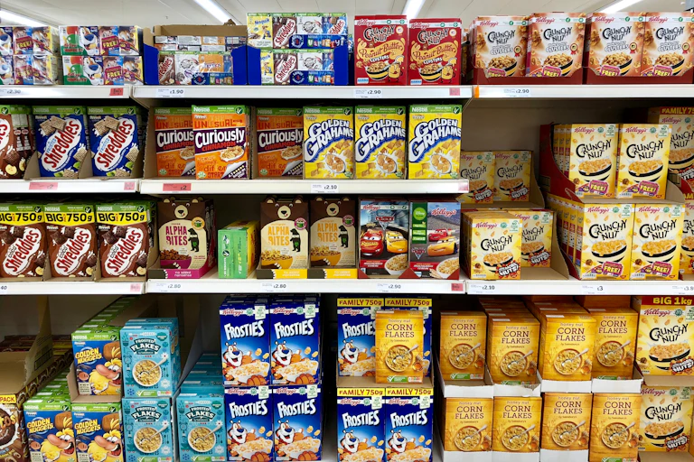 Supermarket cereal shelves.