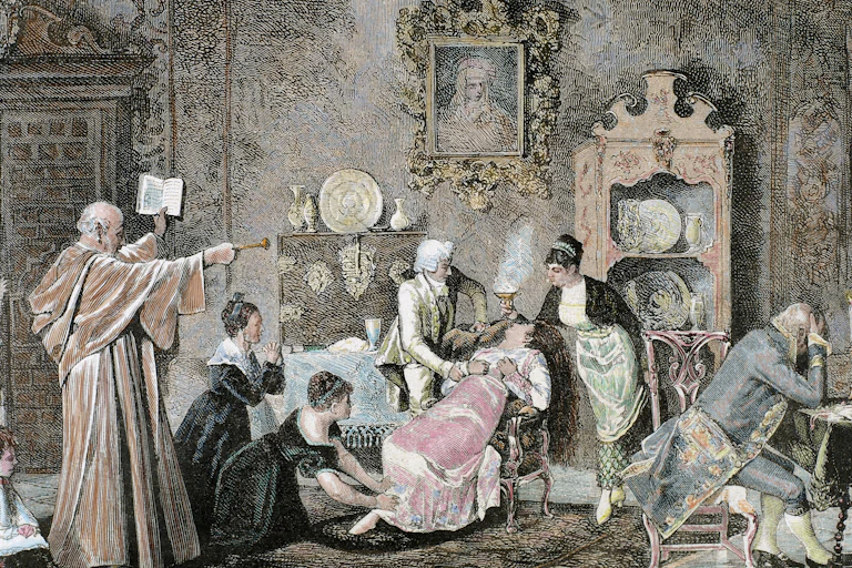 A 19th century engraving showing a woman lying in bed while several others gather around, trying to hold her down and a priest stands in front of her.