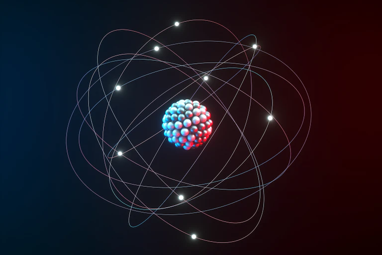 A nucleus surrounded by electrons.