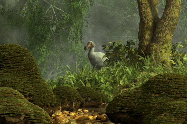 artist rendering of a dodo in a tropical forest