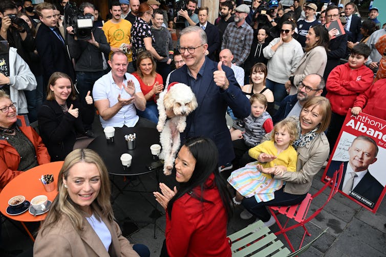 Anthony Albanese with supporters the day after the election.