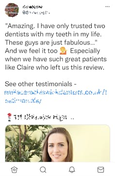 tweet shows smiling woman and positive review of dental practice