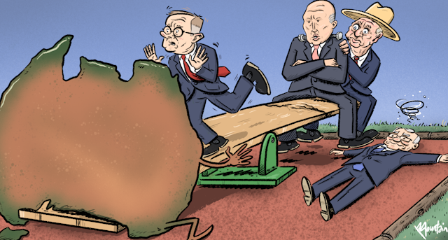 Cartoon showing Australia weighing down the left of a seesaw, tripping Anthony Albanese to the left, while Peter Dutton and Barnaby Joyce sit high on the right side, a toppled Scott Morrison below them.