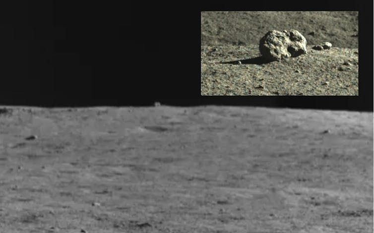 Distant view by the Chang'e 4 rover showing the'hut' like rock 80 m away, plus a close up view when it got there.