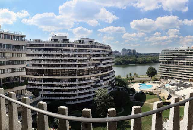 Panoramic view of building complex shot from balcony.