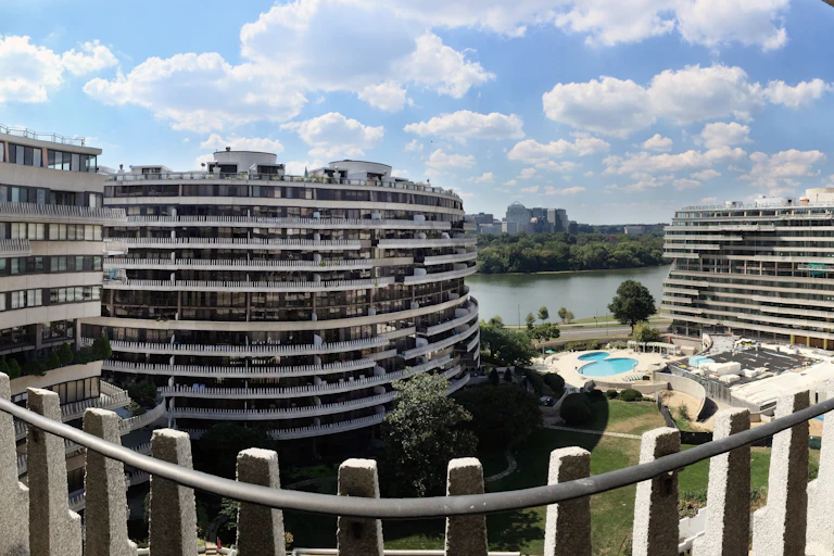 Panoramic view of building complex shot from balcony.