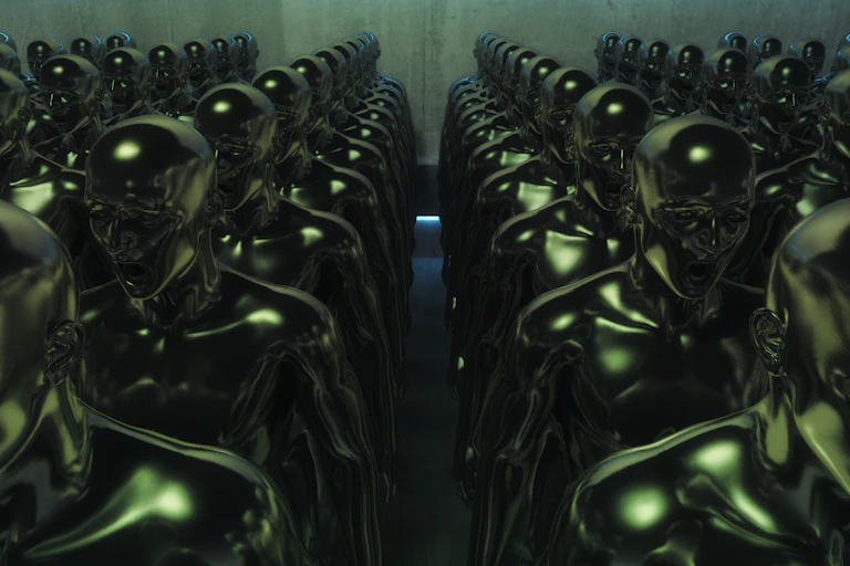 a computer-generated image of rows of identical metallic humanoid robots