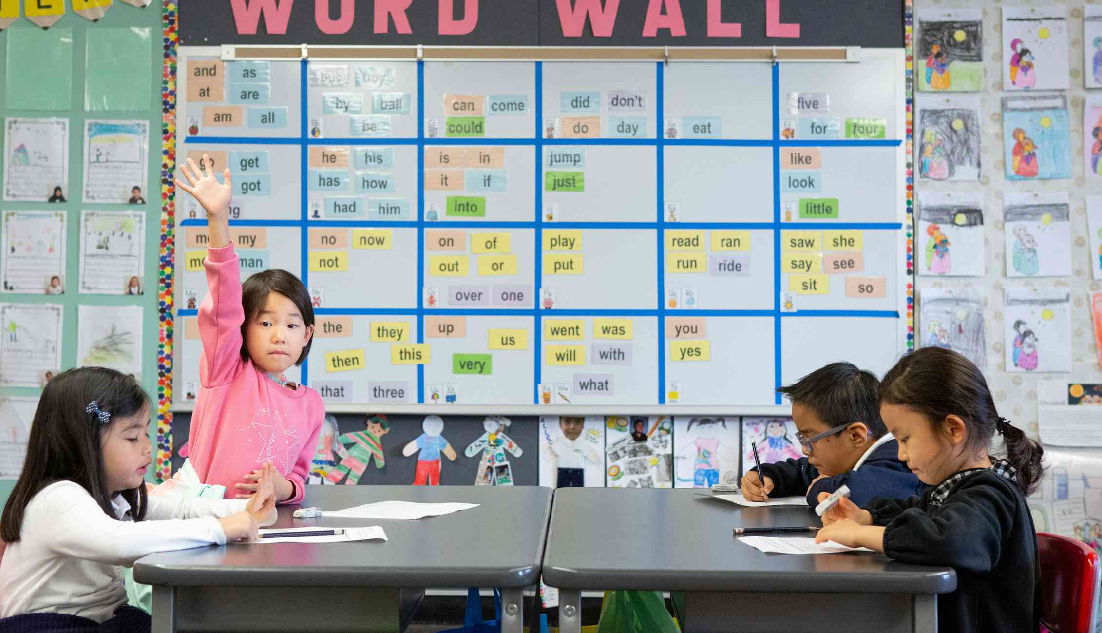 A group of children sitting in front of a word wall.