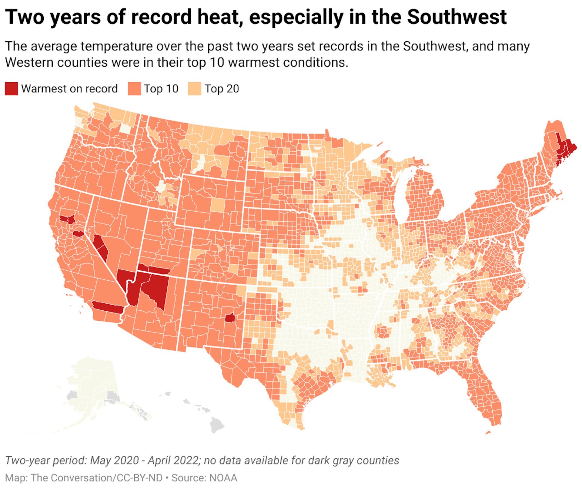 A map of the United States color coded to show if the county's average temperatures of the past two years have been in their top 10 warmest conditions.
