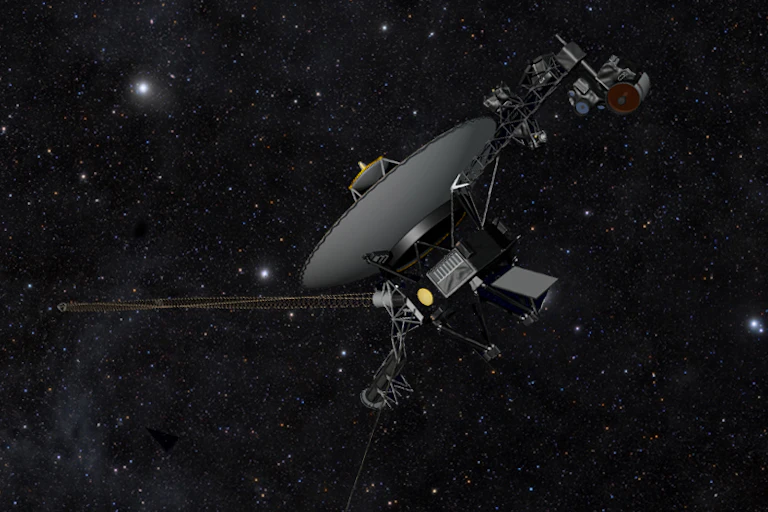A drawing of a spacecraft with a satellite dish and a golden record against the backdrop of space.