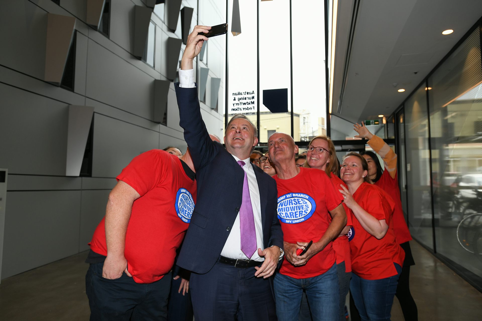 Anthony Albanese takes a selfie with members of the Australian Nursing and Midwifery Federation in November 2019.