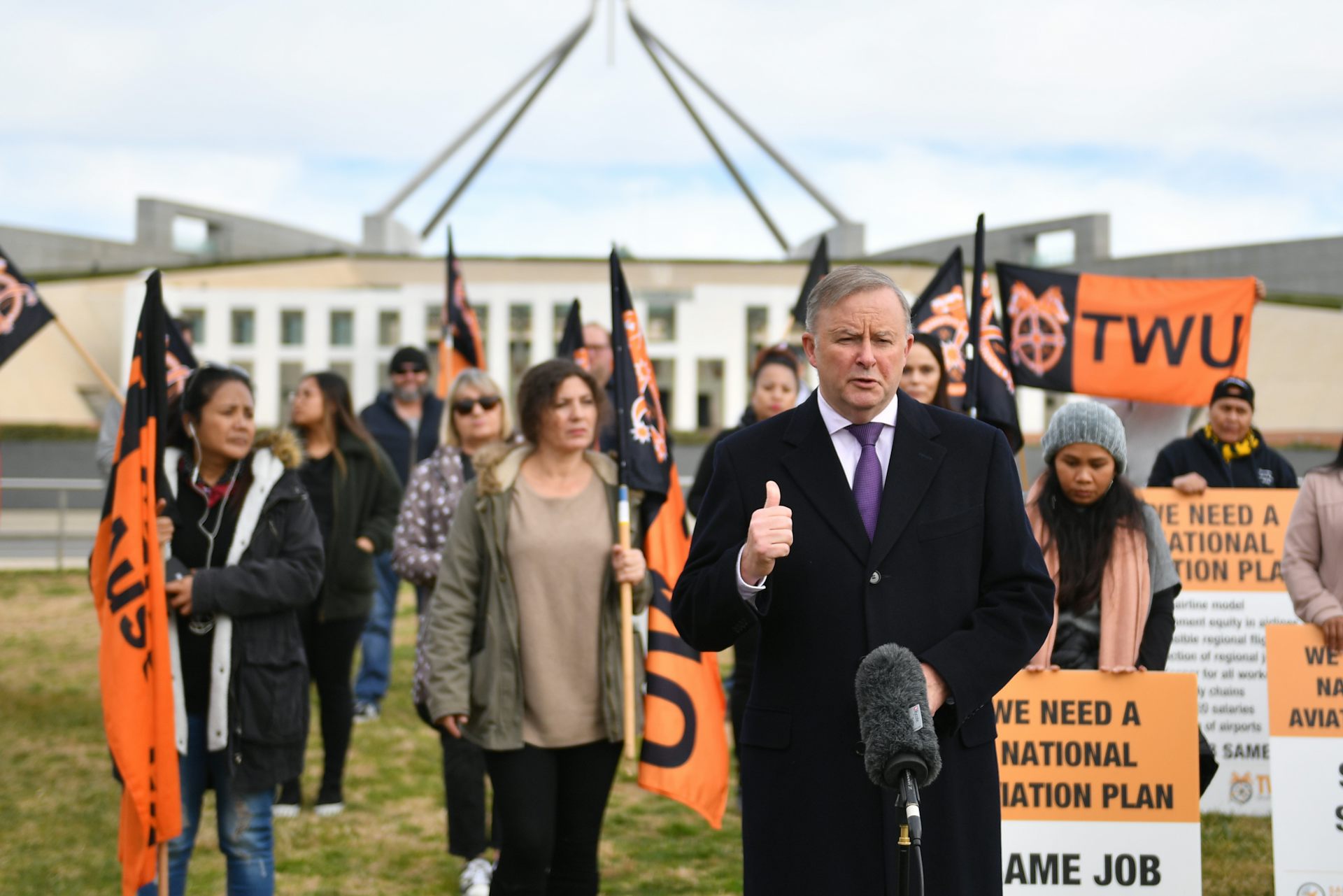 Anthony Albanese with members of the Transport Workers Union outside Parliament House in June 2020. The unionists were protesting against JobSeeker payments not being available to aircraft cleaners, caterers, security guards, baggage handlers and ramp wor