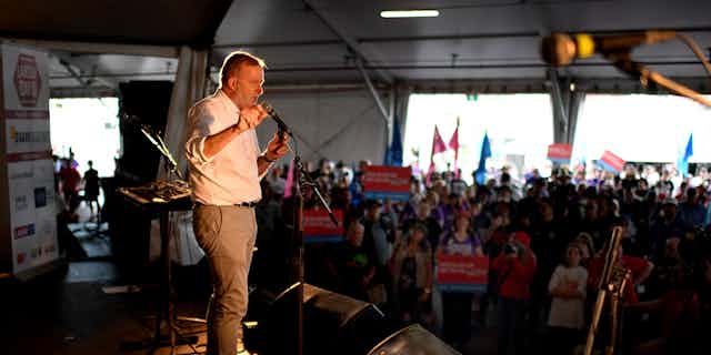 Federal Opposition Leader Anthony Albanese addresses a crowd of union members and their supporters during a Labour Day event in Brisbane, Monday, May 3, 2021.