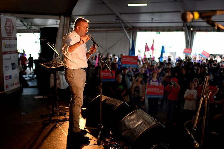 Federal Opposition Leader Anthony Albanese addresses a crowd of union members and their supporters during a Labour Day event in Brisbane, Monday, May 3, 2021.