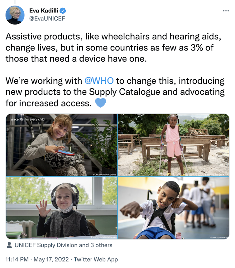 tweet by Unicef representative about the importance of assistive technology