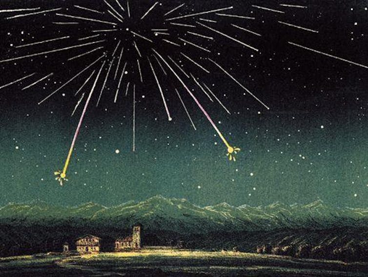 A paiting showing meteors raining down over mountains