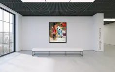 A painting on a wall is brightly coloured showing a figure reclining, faces emerging from the background.