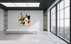 A painting on a wall shows two rural figures.