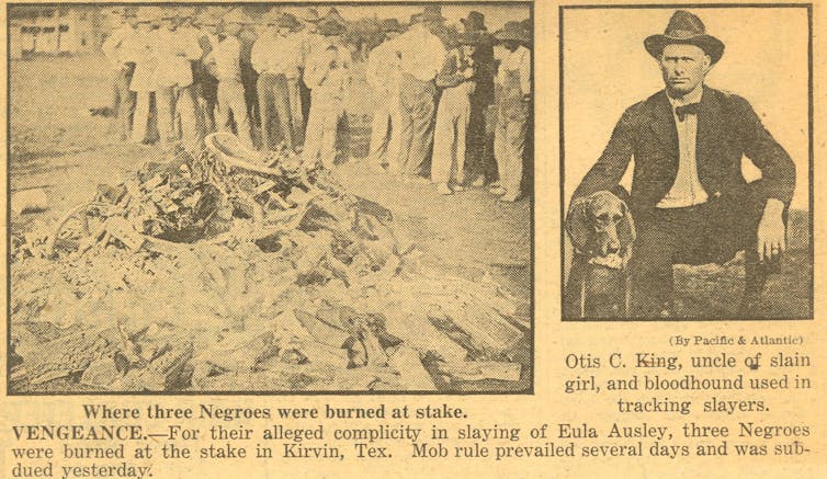 A photograph published in a newspaper shows where three black men were burned at the stake.