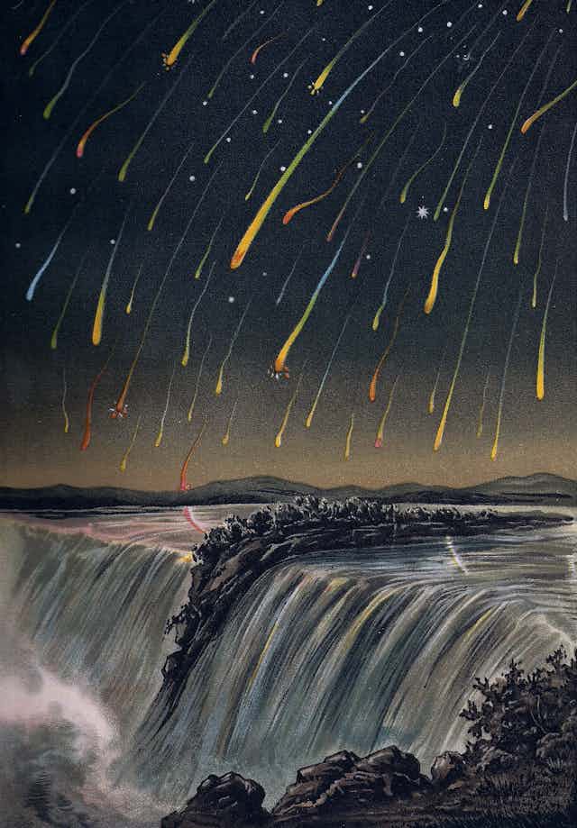 Many colourful meteors fall over Niagara Falls in 1833, in the great Leonid Meteor Storm