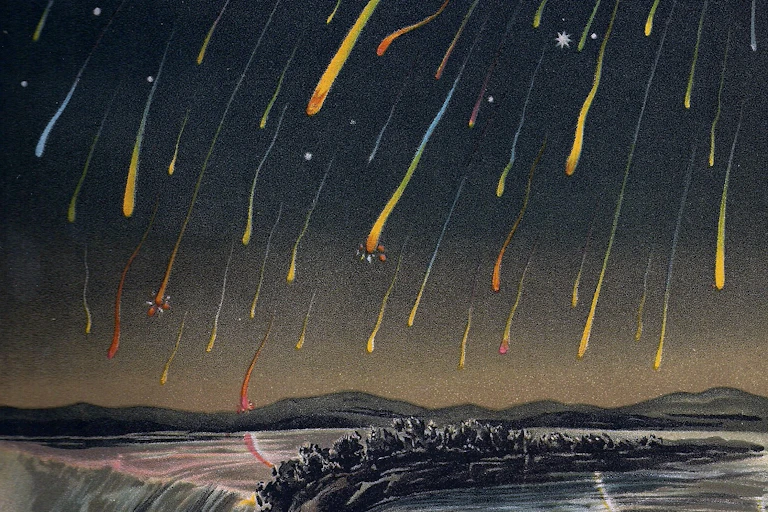 Many colourful meteors fall over Niagara Falls in 1833, in the great Leonid Meteor Storm