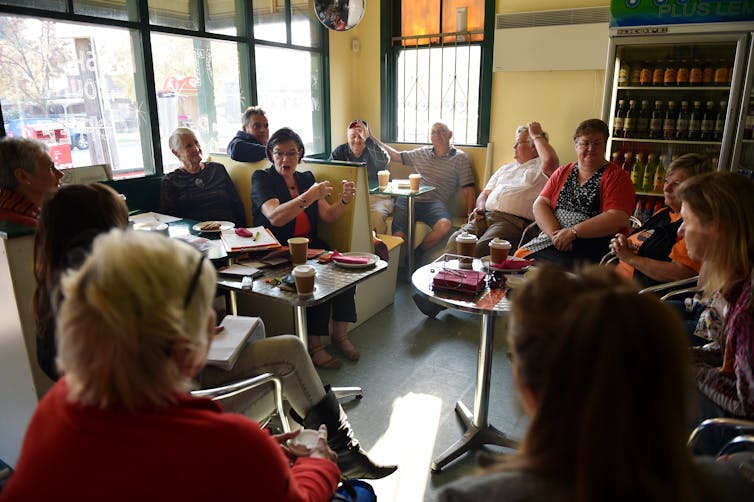 Former independent for Indi Cathy McGowan speaks to locals at a community breakfast in 2016.