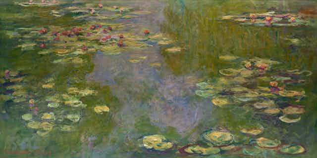 An impressionist painting of a pond with water lilies.