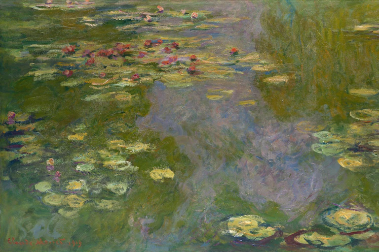 An impressionist painting of a pond with water lilies.