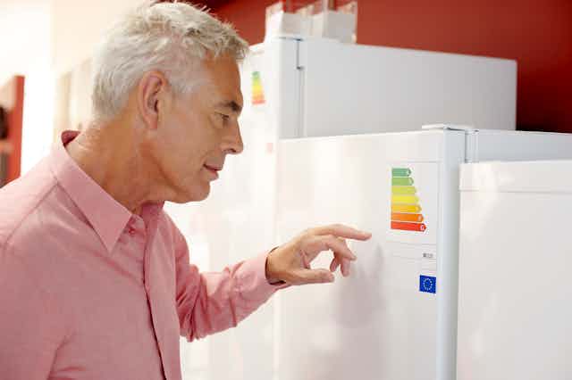 A person in a pink shirt looks at an energy label on a fridge
