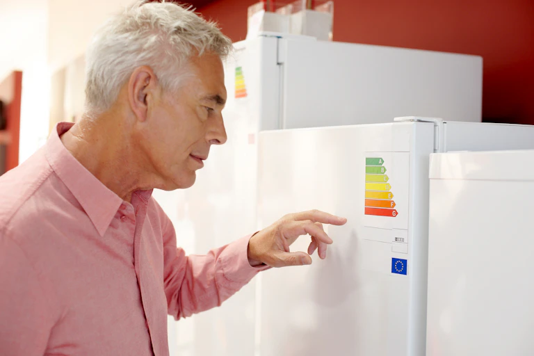 A person in a pink shirt looks at an energy label on a fridge