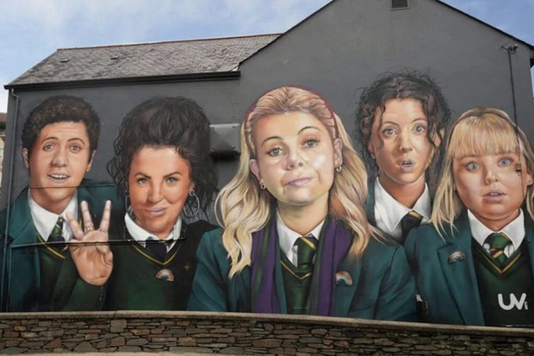 A mural of the five main characters in the Channel 4 series Derry Girls.