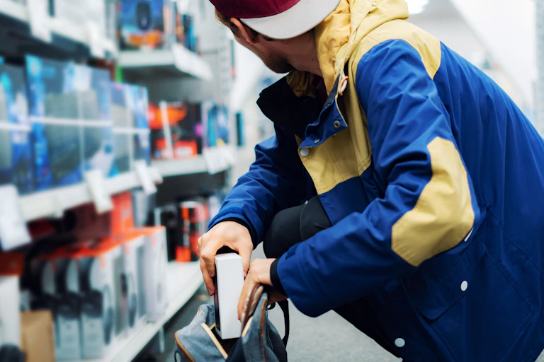 A man in an electronics shop squats and discreetly places an electronics box into his backpack, while looking away from the camera over his shoulder